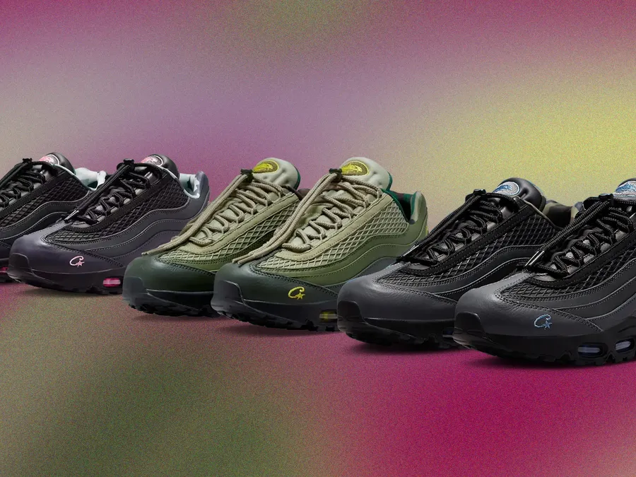 Detailed look at Corteiz Air Max 95 materials and accents: mesh, leather, reflective hits, toggle lacing and branded heel tab.