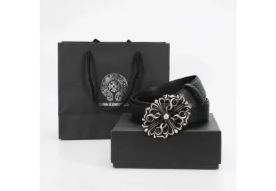 Chrome Hearts Leather Belt with Floral Cross Buckle